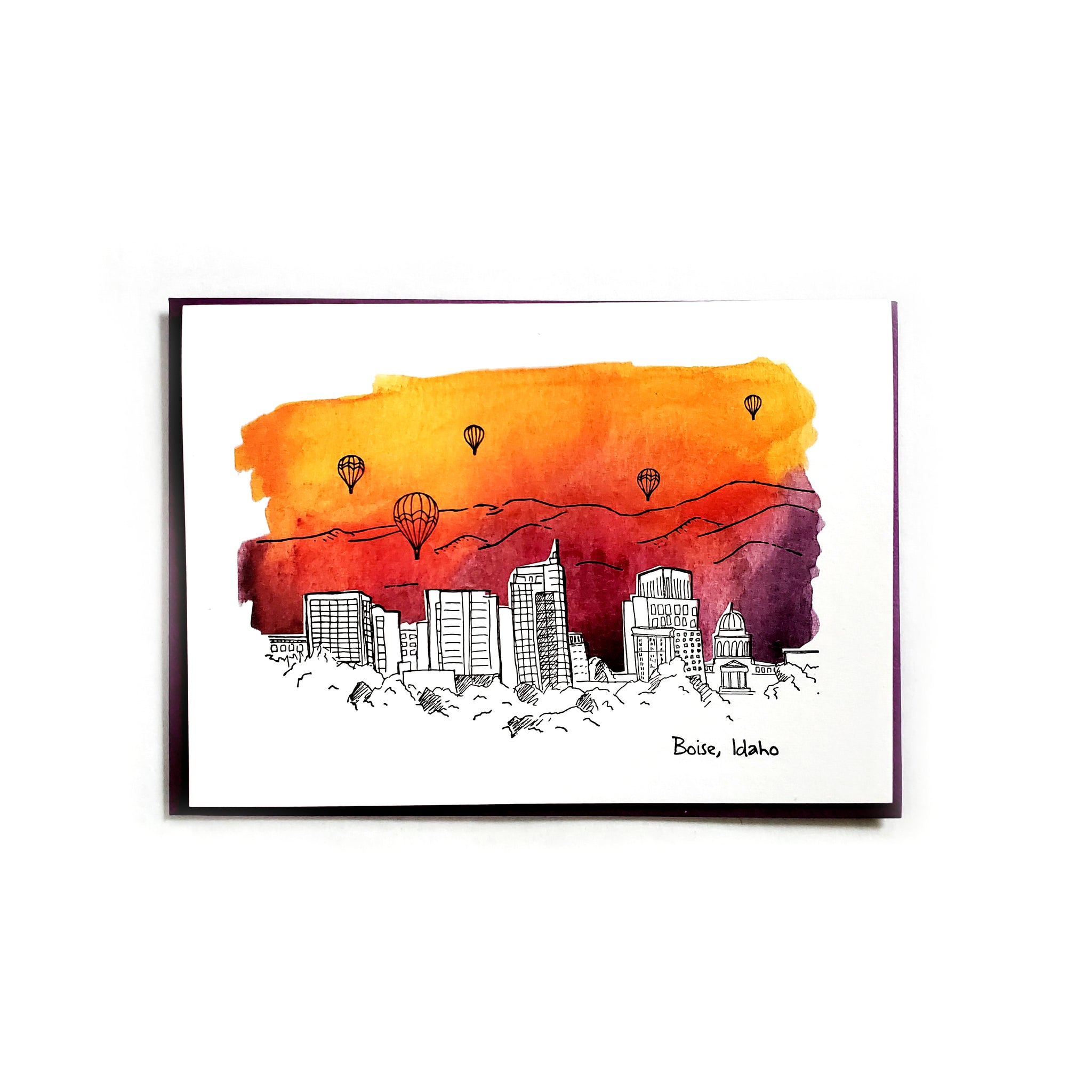Boise Watercolor Skyline card, hand water colored, letterpress printed eco friendly