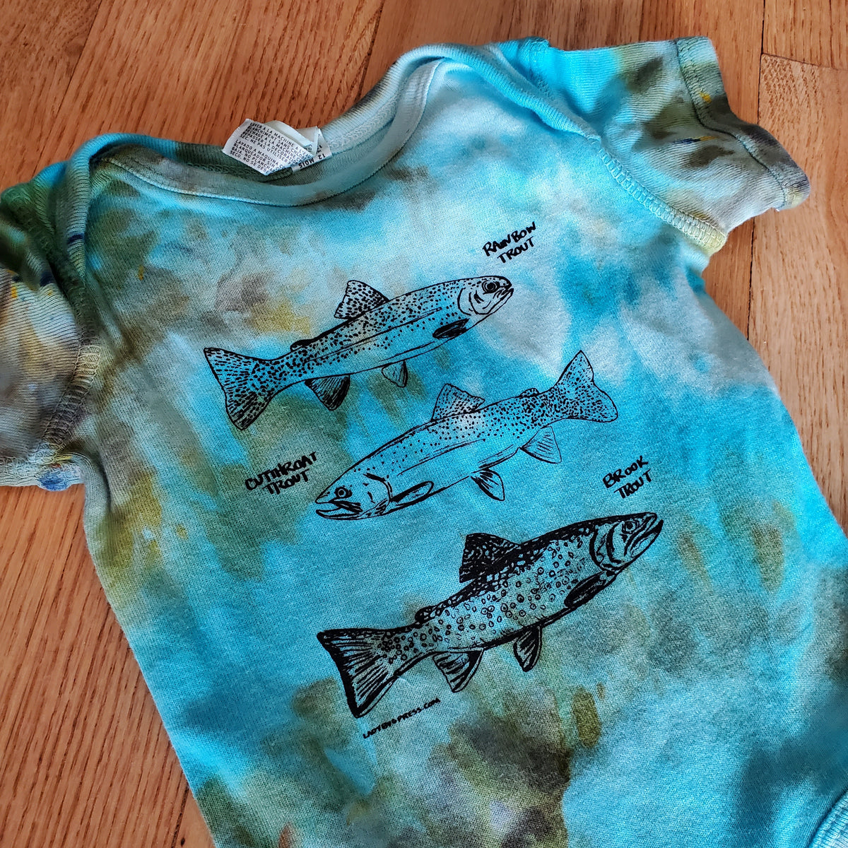 Trout onesie, ecofriendly waterbased inks Handmade Idaho