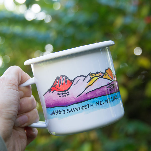Sawtooth Mountains Enamel Mug, water color and typography