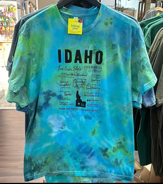 Ice Dyed Idaho Facts T-shirt, screen printed with eco-friendly waterbased inks, Adult sizes