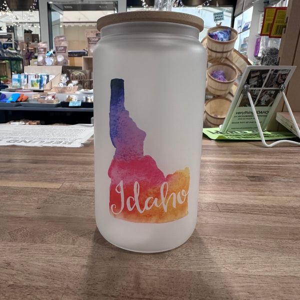 Idaho Watercolor Frosted Can Glass w/ Glass Straw