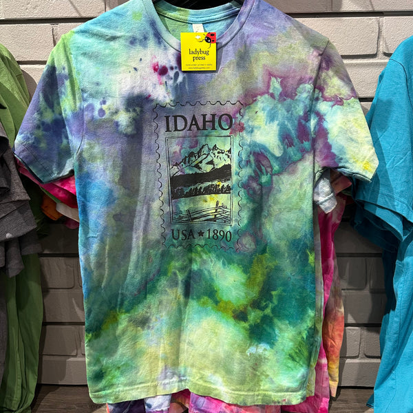 Ice Dyed Idaho Postage Stamp Adult T-shirt, Eco Friendly Waterbased Inks