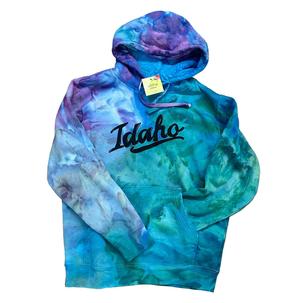 Ice Dyed Retro Idaho Pullover Hoodie. Screen Printed Sweatshirt with Eco Friendly Waterbased Inks