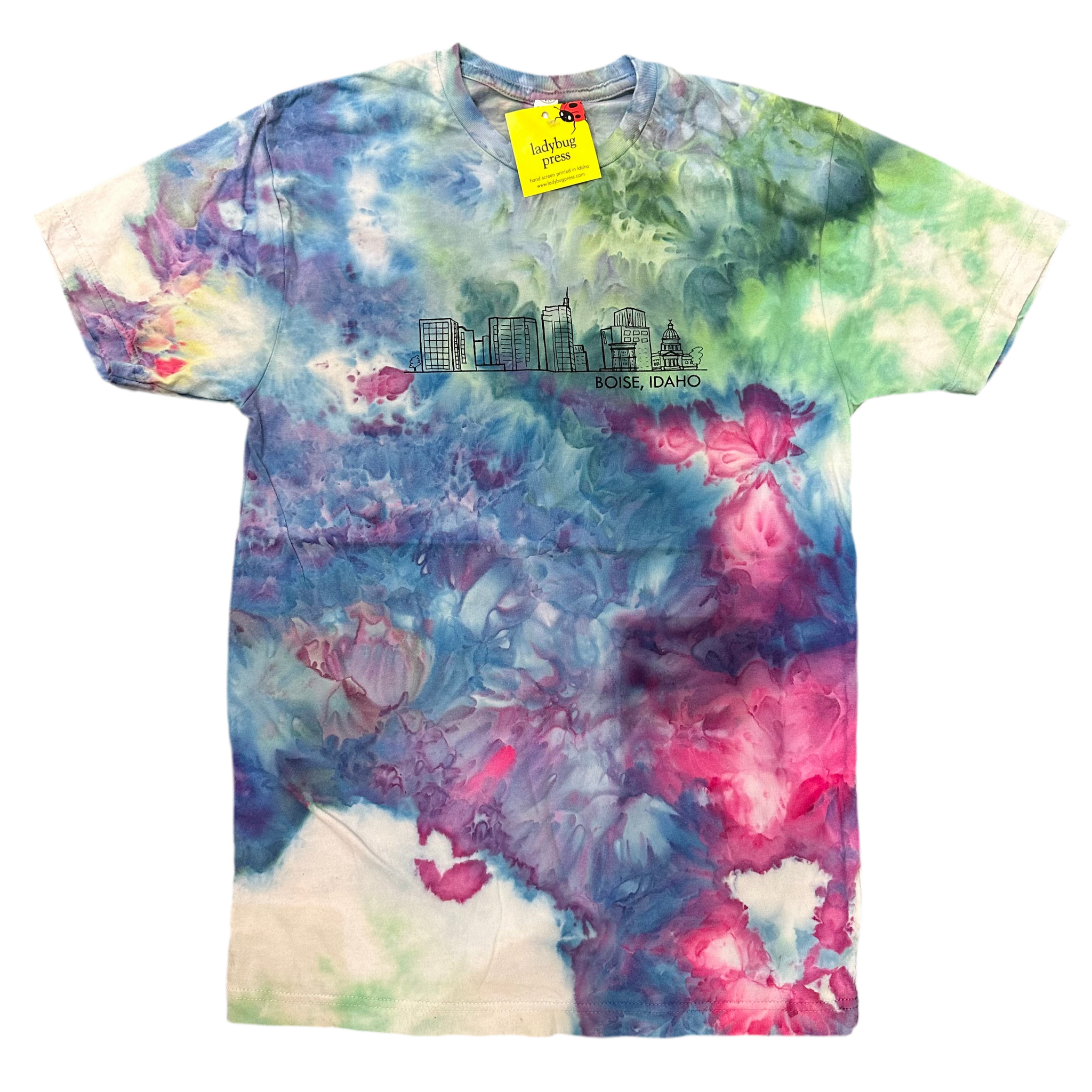 Ice Dyed Boise Skyline Adult T-shirt, Eco Friendly Waterbased Inks