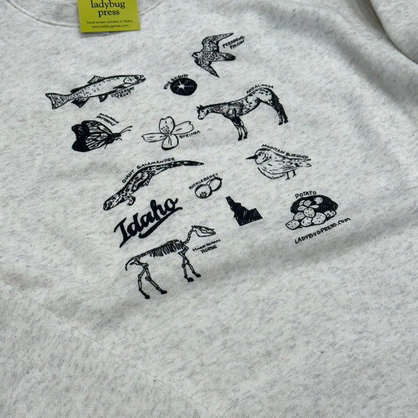 Symbols of Idaho Crewneck Sweatshirt, screen printed adult sizes