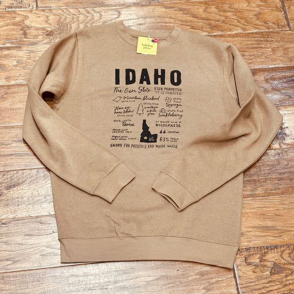 Idaho Facts Brown Crewneck Sweatshirt, screen printed adult sizes