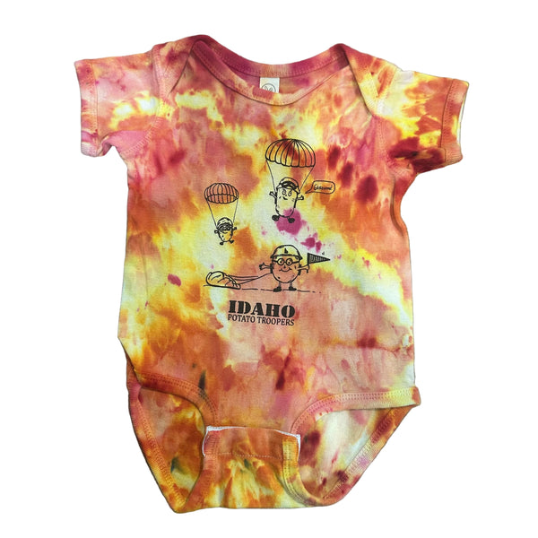 Ice Dyed Idaho Potato Trooper Onesie, eco-friendly waterbased inks