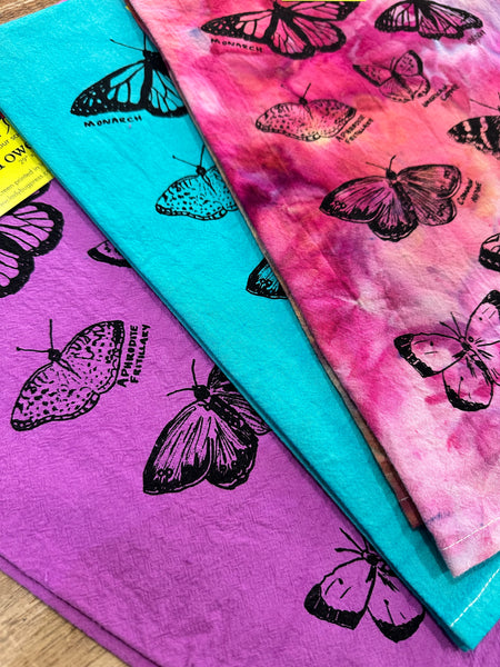 Dyed Butterfly Tea Towel, Screen Printed flour sack dish towel