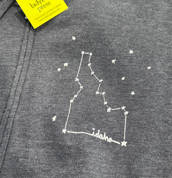 Idaho Constellation Zip Up Hoodie, Adult Sweatshirt Sizes. Eco Friendly Waterbased Inks