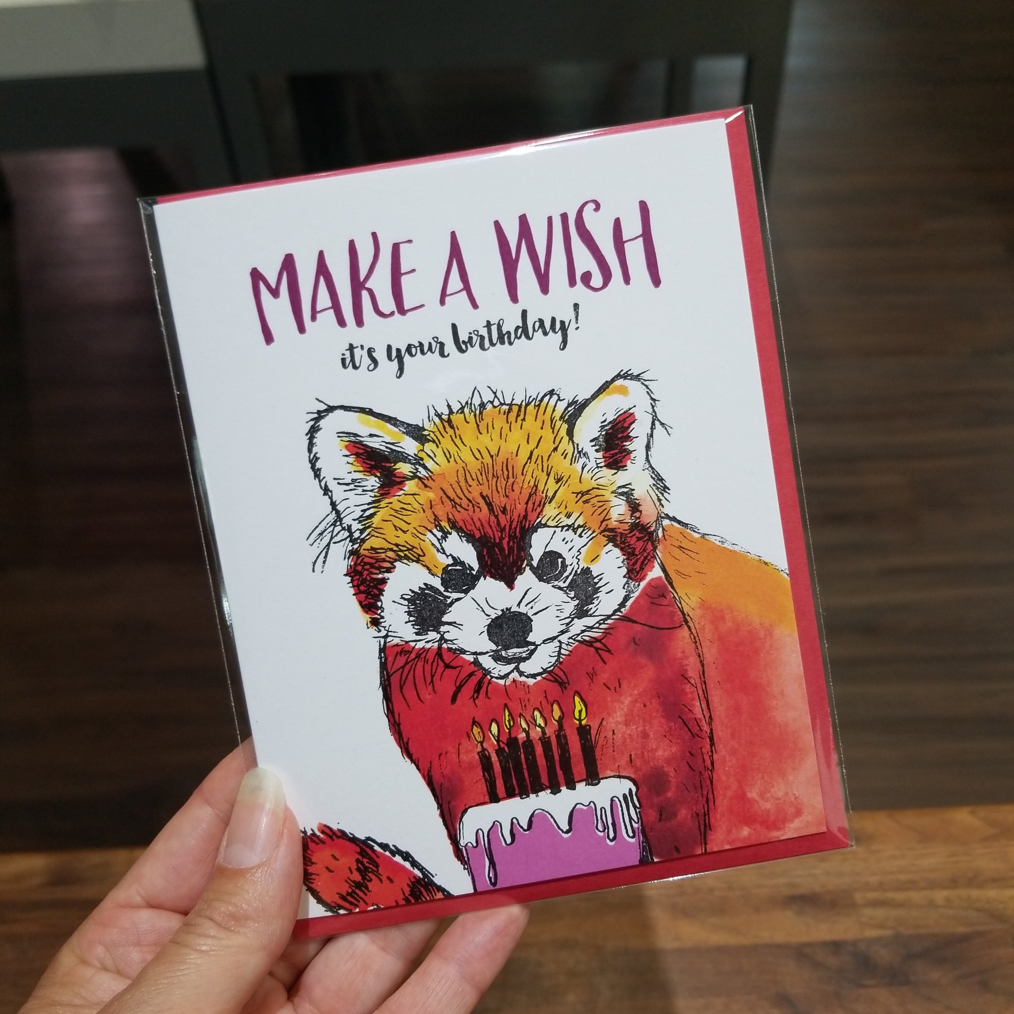 Make a Wish Red Panda Birthday Card, illustration letterpress eco friendly