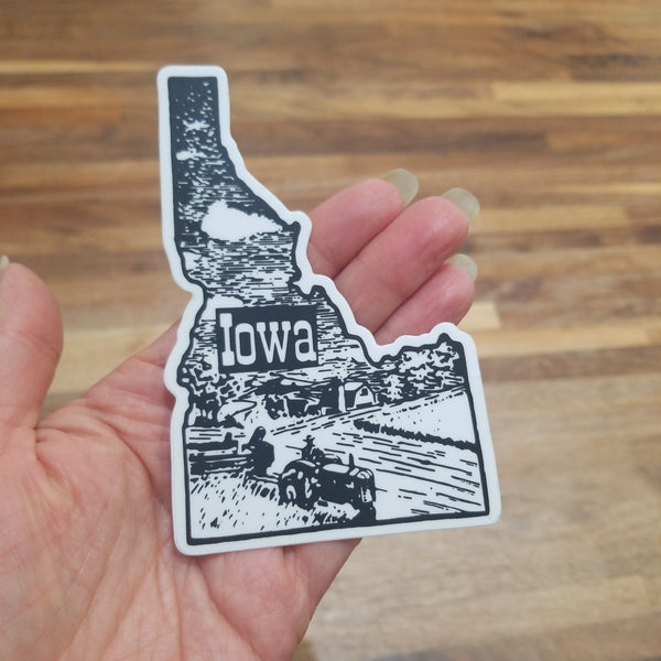 “Iowa” Idaho Shaped Sticker, Banana Ink.
