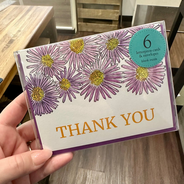 Thank You Aster Wildflower Card, Letterpress Printed Greeting Card