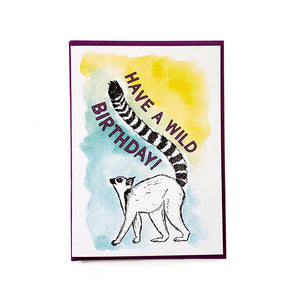Have a wild birthday, ring tail lemur letterpress printed greeting card