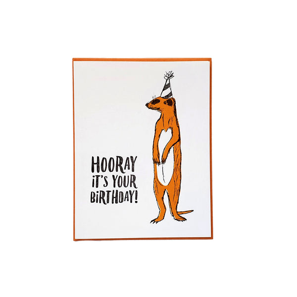 Hooray Meerkat, Birthday Illustration Letterpress Greeting Card. Eco-friendly
