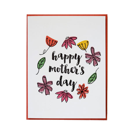 Happy Mother's Day floral wreath, letterpress printed card. Eco friendly