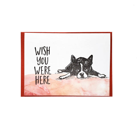 Wish you were here boston terrier, letterpress printed card