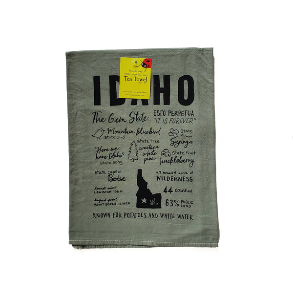 Dyed Idaho Facts Tea Towel, Hand drawn and Screen Printed flour sack towel