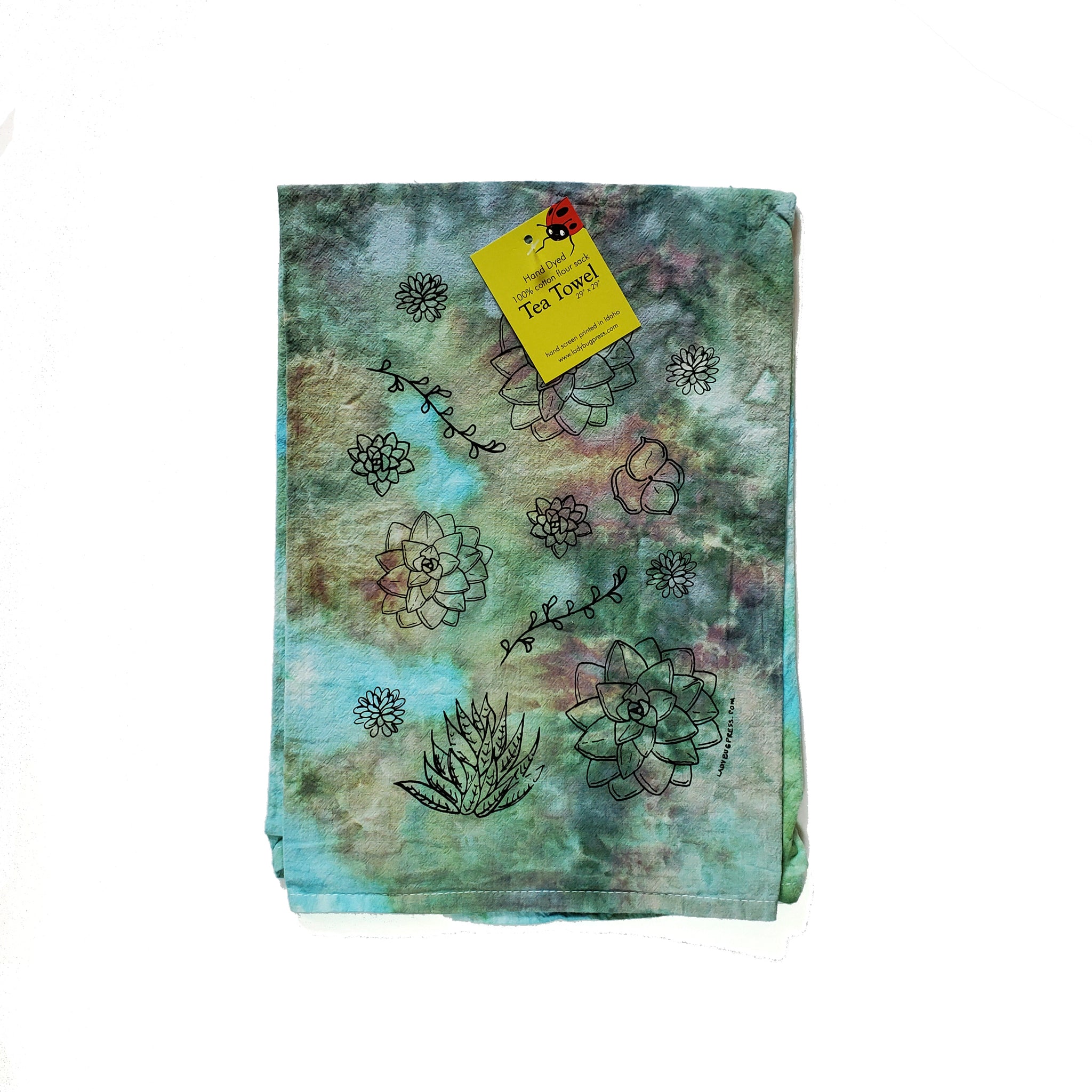 Dyed Succulent Screen Printed Tea Towel, flour sack towel