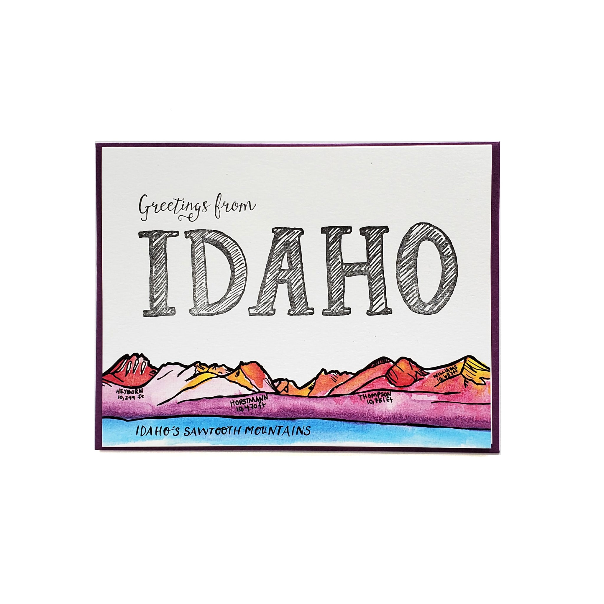 Greetings from Idaho Sawtooth, Letterpress + Watercolor Greeting Card. Eco Friendly