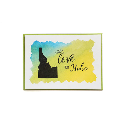 With love from Idaho card, hand water colored, letterpress printed eco friendly