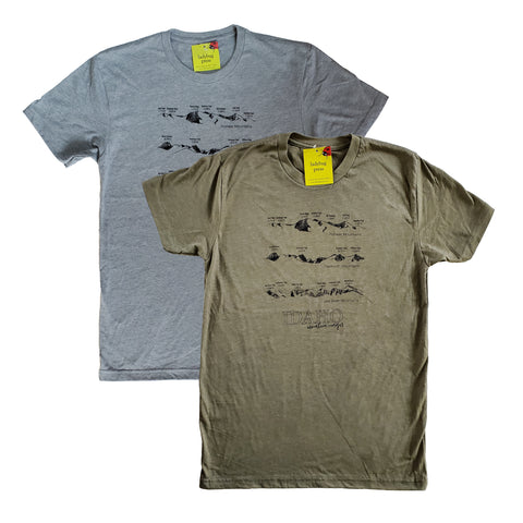 Idaho Mountain Ranges T-shirt, screen printed with eco-friendly waterbased inks, adult sizes