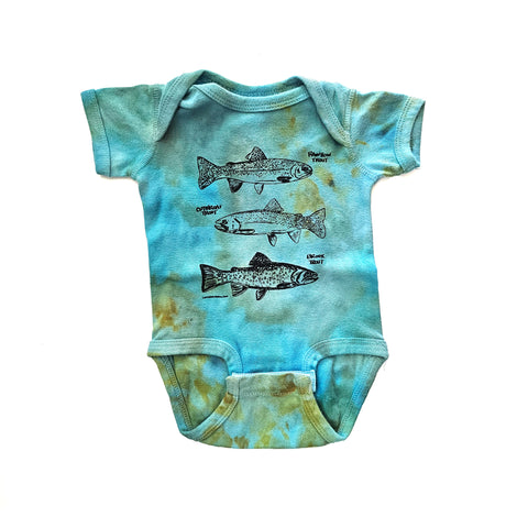 Trout onesie, eco-friendly waterbased inks