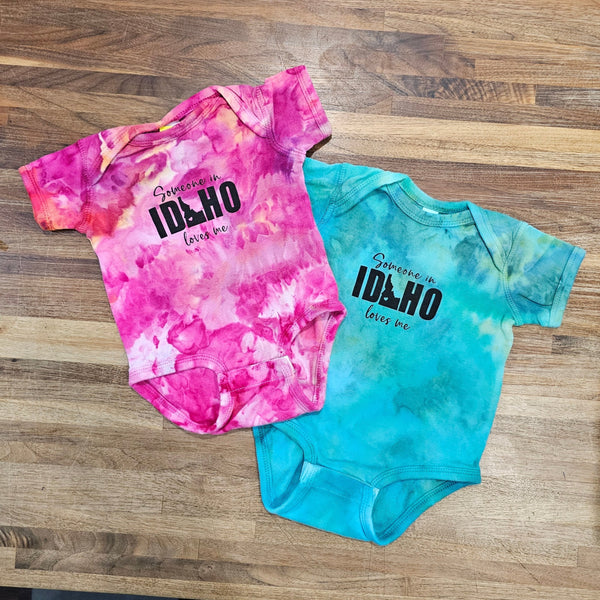 Someone in Idaho Loves Me Ice Dyed Onesie, eco-friendly waterbased inks