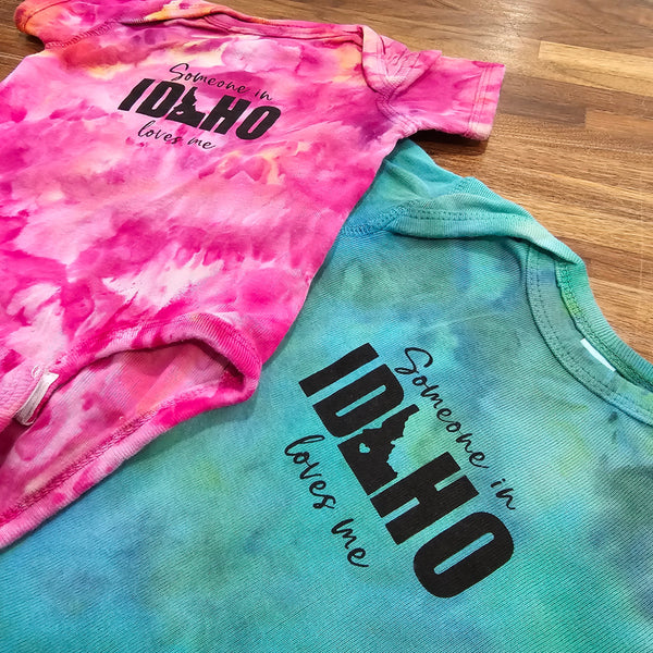 Someone in Idaho Loves Me Ice Dyed Onesie, eco-friendly waterbased inks