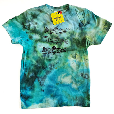 Ice Dyed Trout Kids T-shirt, eco-friendly waterbased inks, Kid sizes