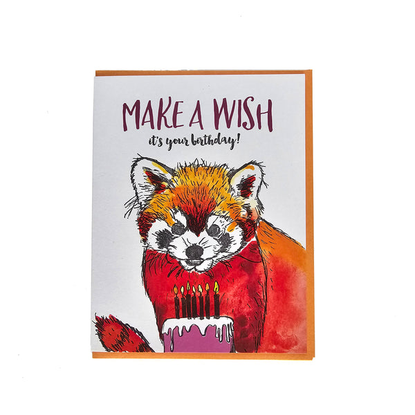 Make a Wish Red Panda Birthday Card, illustration letterpress eco friendly