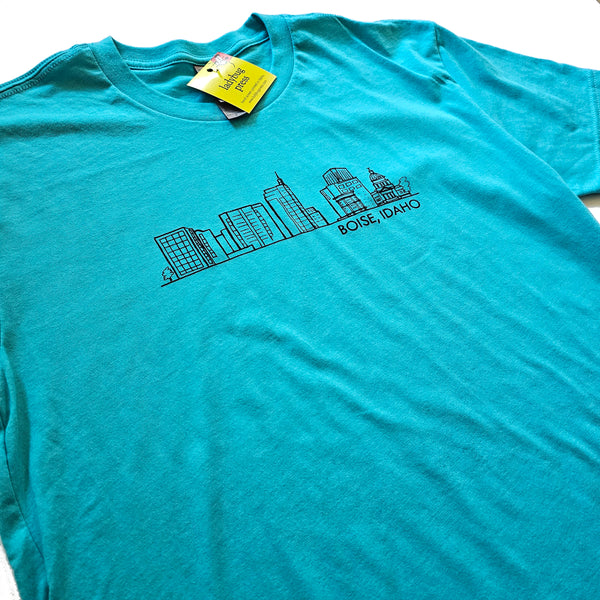 Boise Skyline T-shirt, Aqua eco-friendly waterbased inks
