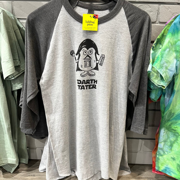 Darth Tater Raglan T-shirt, Adult Sizes, Eco Friendly Water based Inks