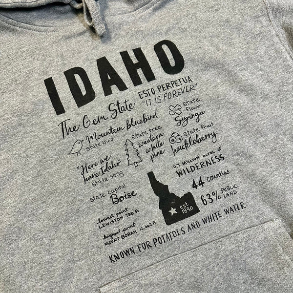 Idaho Facts Hoodie Screen Printed Sweatshirt, Eco Friendly Ink