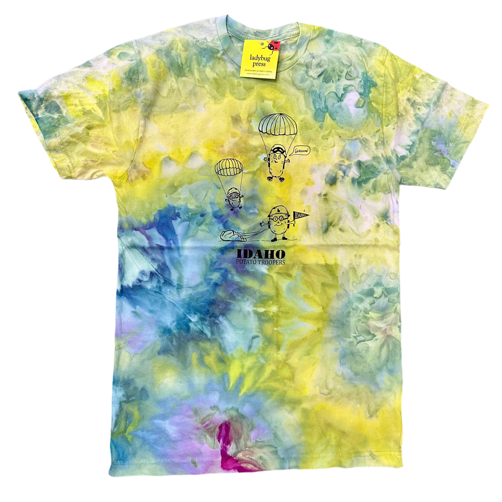 Ice Dyed Idaho Potato Trooper T-shirt, Adult Sizes, Eco Friendly Water based Inks