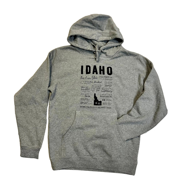 Idaho Facts Hoodie Screen Printed Sweatshirt, Eco Friendly Ink