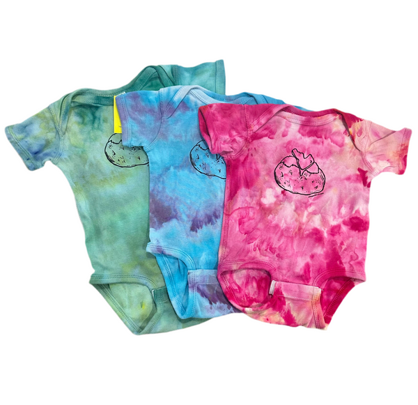Ice dyed Spud, Baked Potato Onesie. Eco-friendly waterbased inks