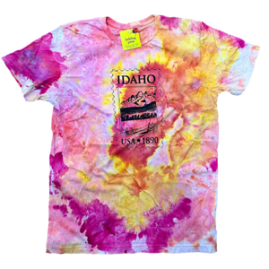 Ice Dyed Idaho Postage Stamp T-shirt, Adult Sizes, Eco Friendly Waterbased Inks