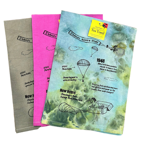 Dyed Idaho Beaver Story Tea Towel, Hand drawn and Screen Printed flour sack towel