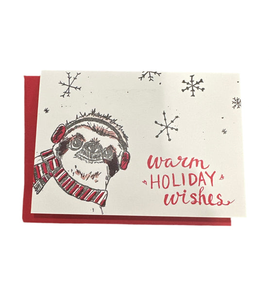 Warm Holiday Wishes Sloth, Letterpress printed card, eco friendly