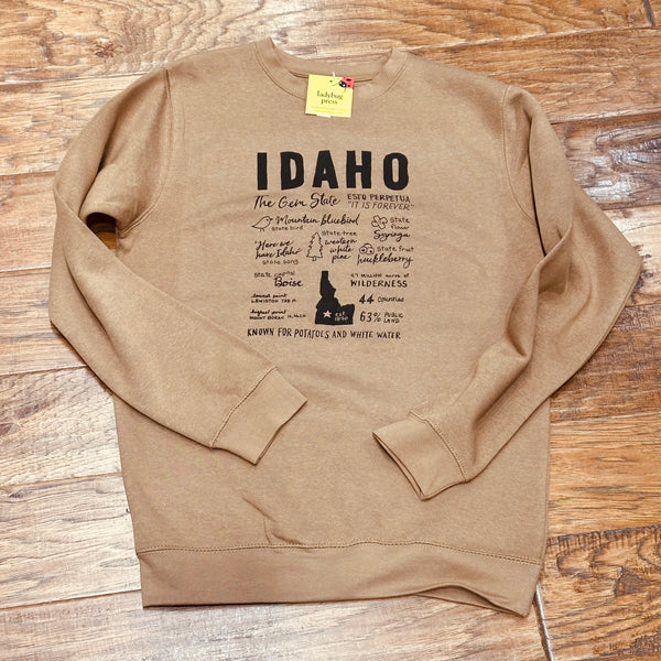 Idaho Facts Brown Crewneck Sweatshirt, screen printed adult sizes
