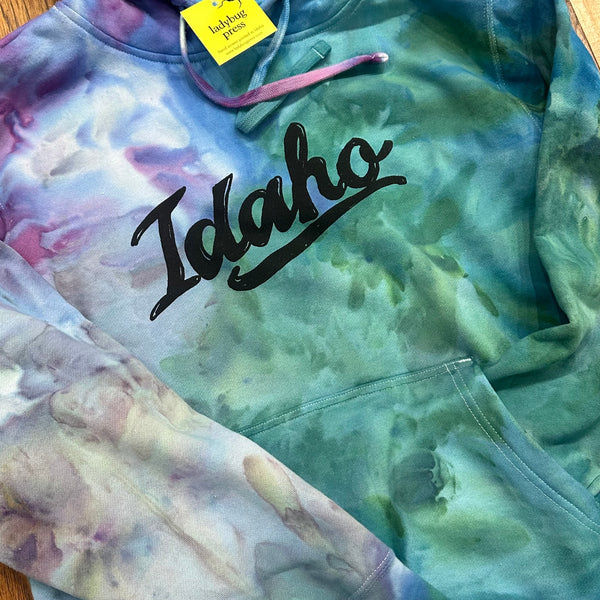 Ice Dyed Retro Idaho Pullover Hoodie. Screen Printed Sweatshirt with Eco Friendly Waterbased Inks