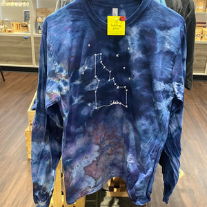 Adult Ice Dyed Idaho Constellation Long sleeve Shirt, screen printed with eco-friendly waterbased inks, adult sizes