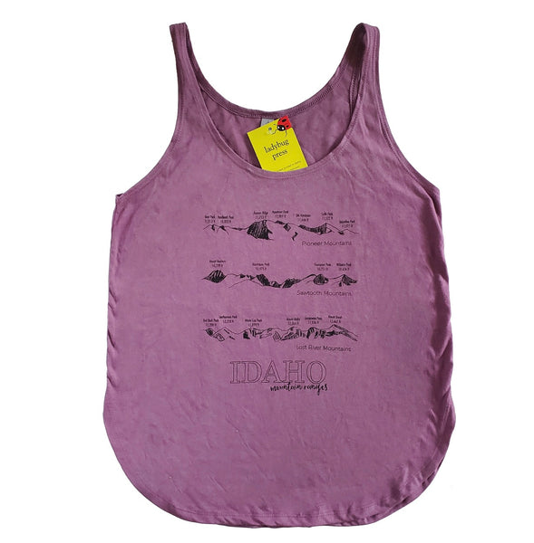 Idaho Mountain Ranges Women's tank top, screen printed with eco-friendly waterbased inks, adult sizes