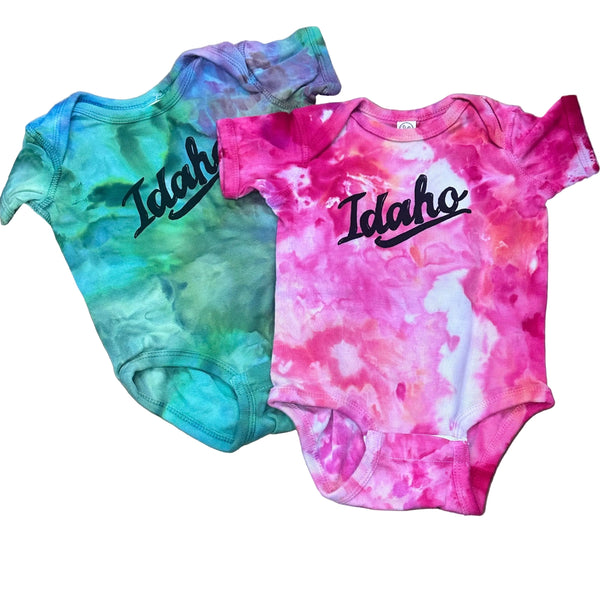 Ice Dyed Retro Idaho Onesie, eco-friendly waterbased inks