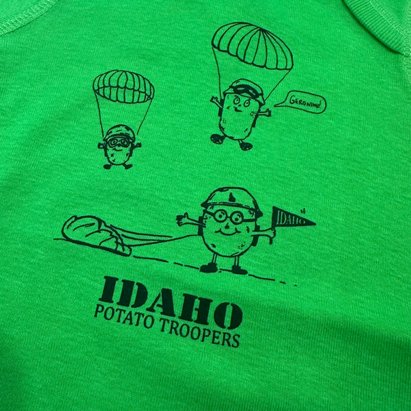 Idaho Potato Trooper Onesie, Solid Green. Eco-friendly Waterbased Inks