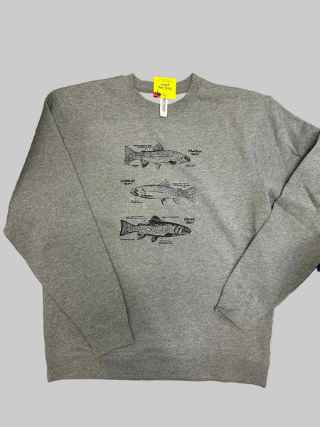 Trout Crewneck Sweatshirt, screen printed adult sizes