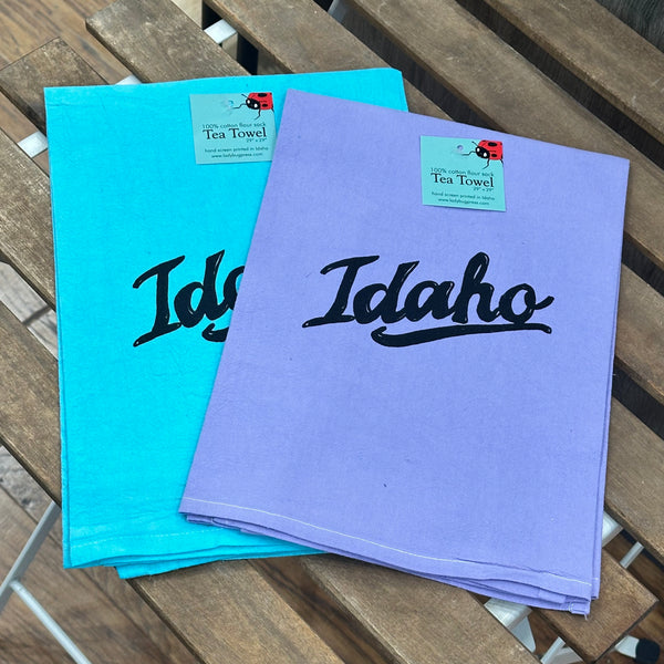 Dyed Retro Idaho Tea Towel, Hand drawn flour sack towel