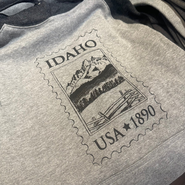 Idaho Postage Stamp Pullover Hoodie, Raglan. Screen Printed Sweatshirt with Eco Friendly Waterbased Inks