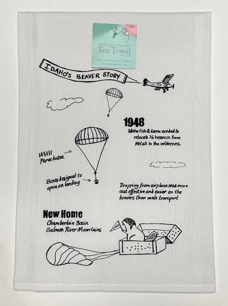 Idaho Beaver Story Tea Towel, Screen Printed flour sack towel