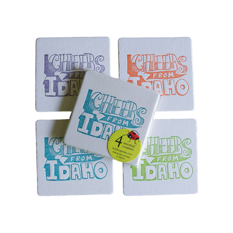 Cheers from Idaho Coasters,  (Letterpress printed, 3.5 inches) set of 4, perfect gift